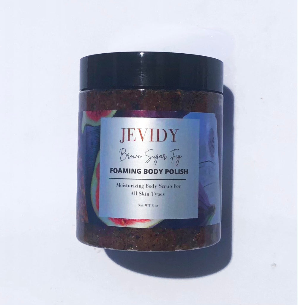 Brown Sugar Fig Body Polish foams while exfoliating scrub to remove dead skin, ingrown hairs having moisturized skin